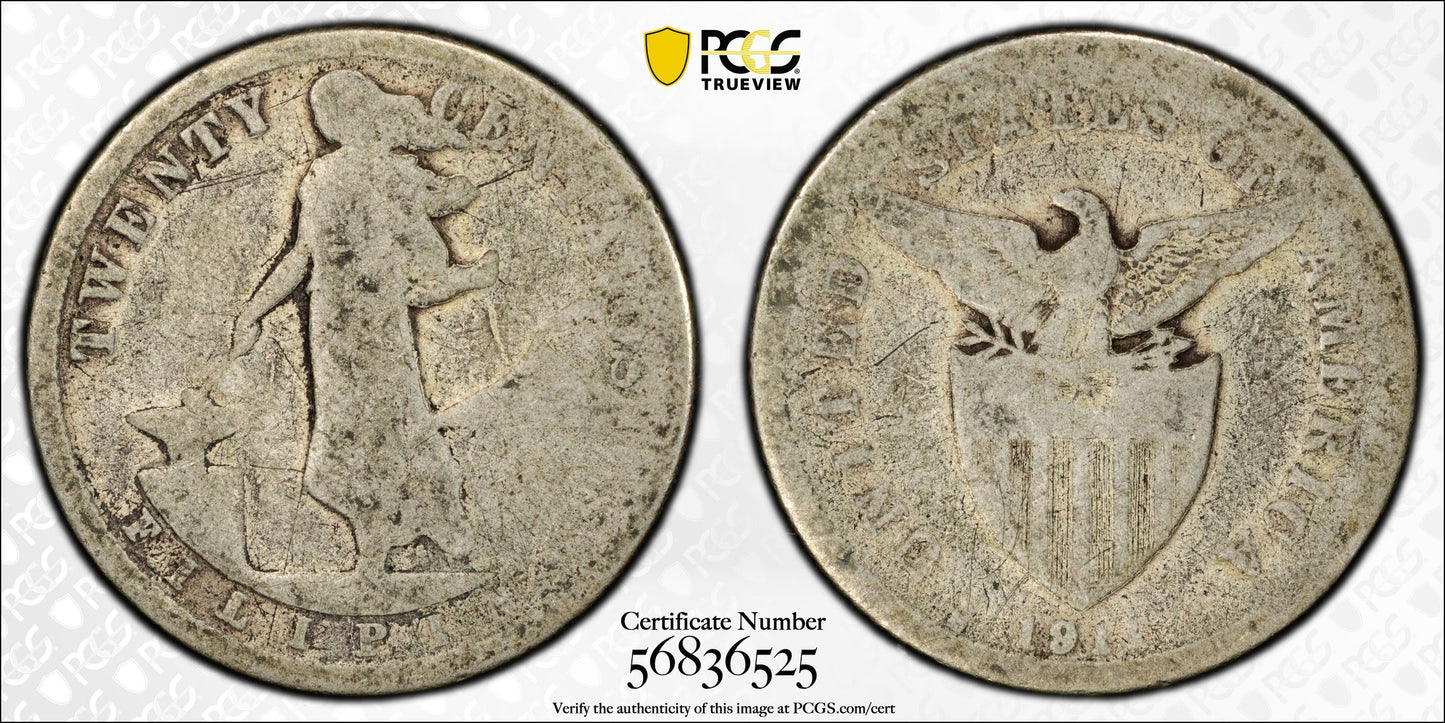 1911-S U.S. Philippines 20C Centavos PCGS AG03 - Lowball