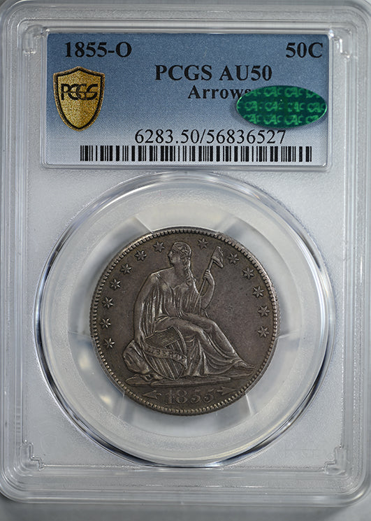1855-O Liberty Seated Half Dollar 50C PCGS AU50 CAC - Arrows