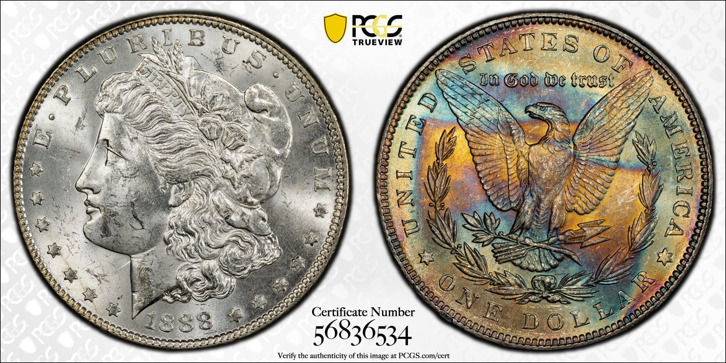 1888 Morgan Dollar $1 PCGS MS62 - REVERSE RAINBOW TONED!