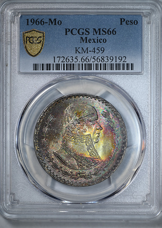 1966-Mo Mexico Peso PCGS MS66 KM-459 - DUAL SIDED TONED!