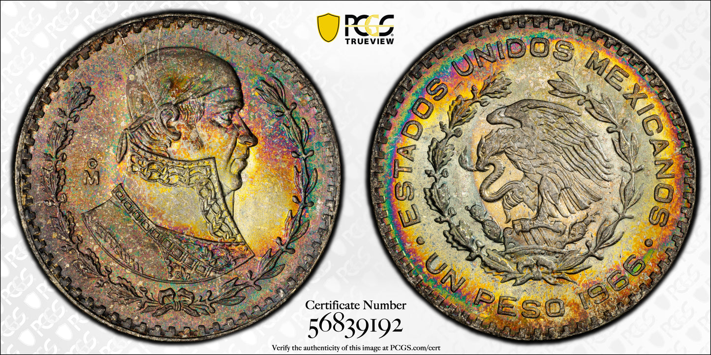 1966-Mo Mexico Peso PCGS MS66 KM-459 - DUAL SIDED TONED!