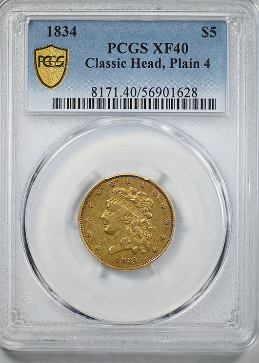 1834 Classic Head Gold Half Eagle $5 PCGS XF40 - Plain 4