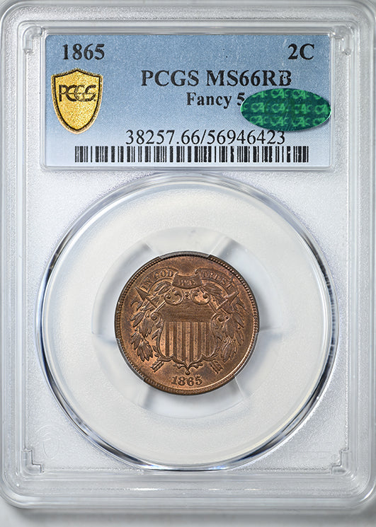 1865 Two Cent Piece 2C PCGS MS66RB CAC - Fancy 5