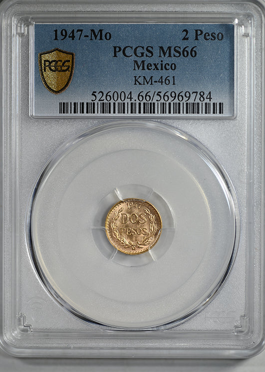 1947-Mo Mexico Gold Dos Pesos G2P PCGS MS66 KM-461