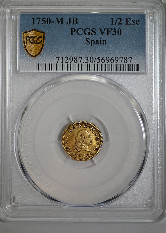 1750-M JB Spain Gold 1/2E Escudo PCGS VF30