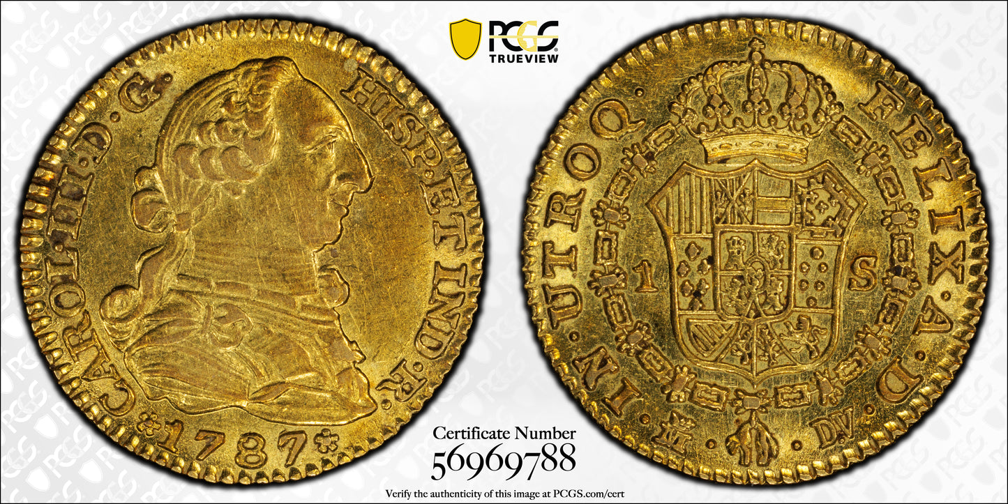 1787-M DV Spain Gold 1E Escudo PCGS AU58 Calico-1370