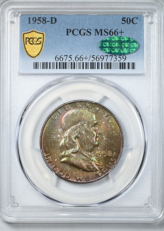 1958-D Franklin Half Dollar 50C PCGS MS66+ CAC - RAINBOW TONED!