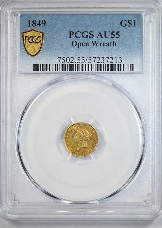 1849 Type 1 Liberty Head Gold Dollar G$1 PCGS AU55 - Open Wreath