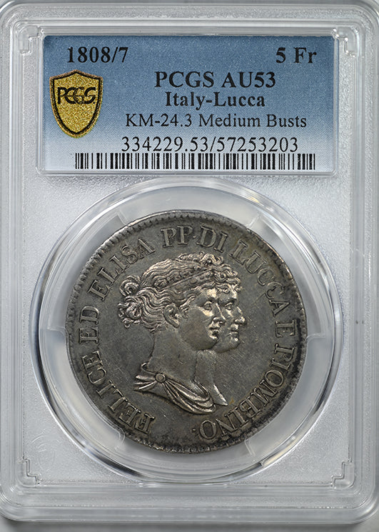 1808/7 Italy-Lucca 5Fr Franchi PCGS AU53 KM-24.3 Medium Busts