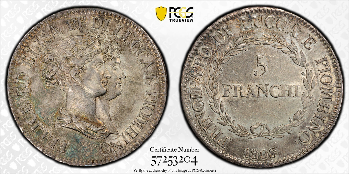 1808/7 Italy-Lucca 5Fr Franchi PCGS AU53 KM-24.4 Large Busts