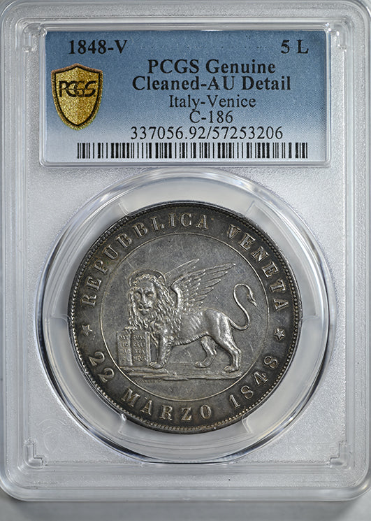1848-V Italy-Venice 5L Lire PCGS Genuine AU Detail C-186
