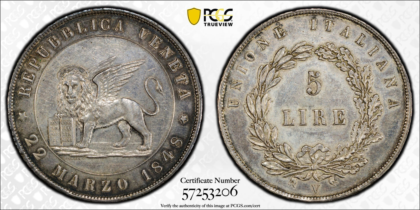 1848-V Italy-Venice 5L Lire PCGS Genuine AU Detail C-186