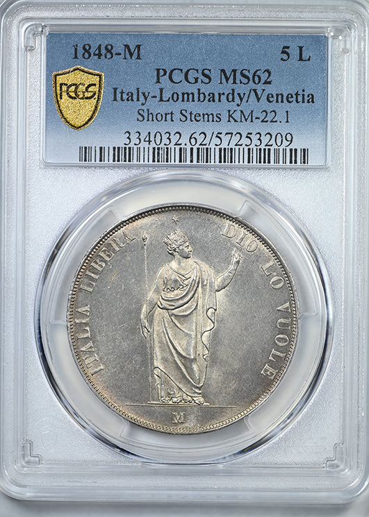 1848-M Italy-Lombardy/Venetia 5L Lire PCGS MS62 - Short Stems KM-22.1
