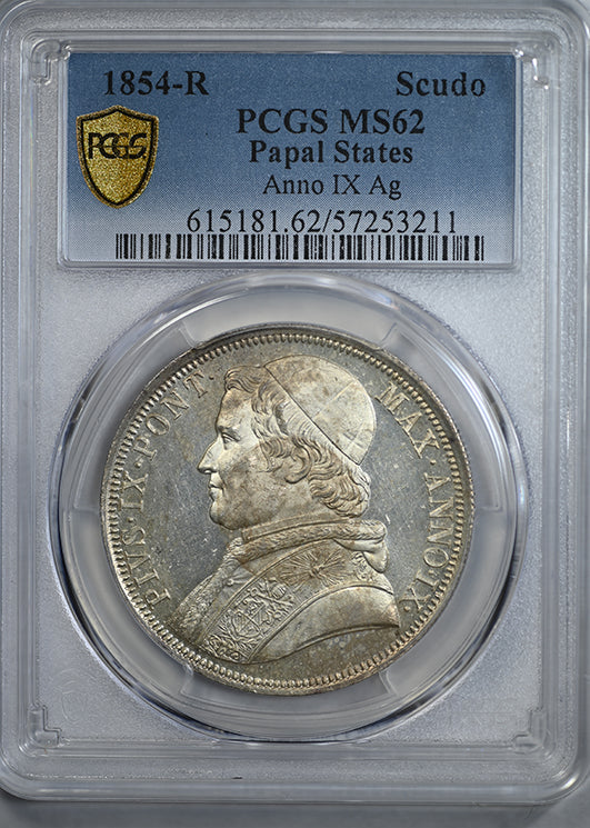 1854-R Italian States Papal States Silver Scudo PCGS MS62 Anno IX Ag