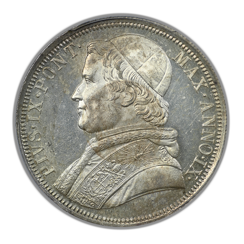 1854-R Italian States Papal States Silver Scudo PCGS MS62 Anno IX Ag
