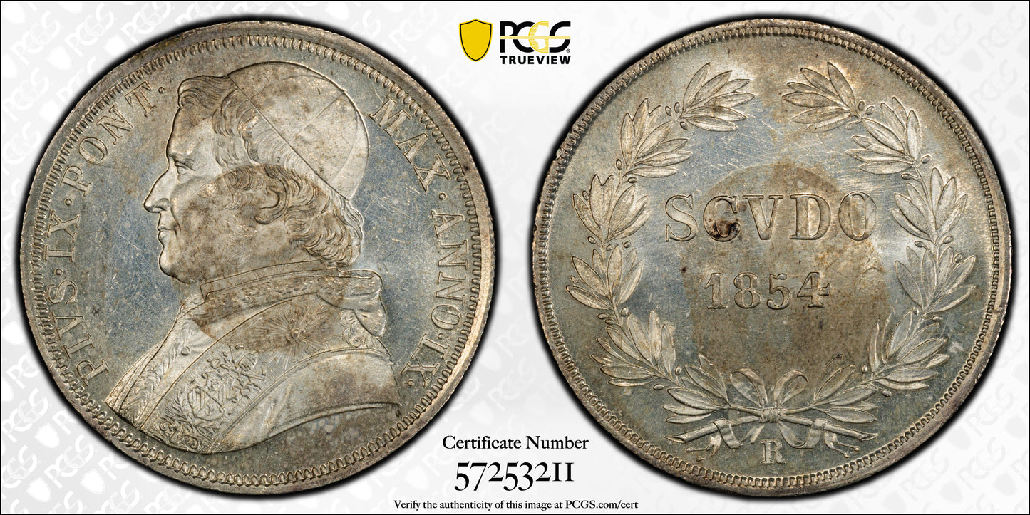 1854-R Italian States Papal States Silver Scudo PCGS MS62 Anno IX Ag