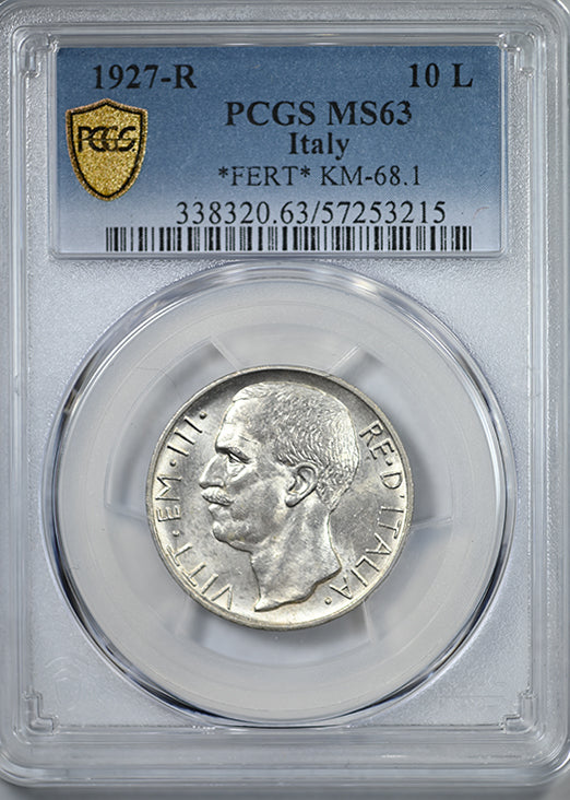 1927-R Italy 10L Lire PCGS MS63 *FERT* KM-68.1