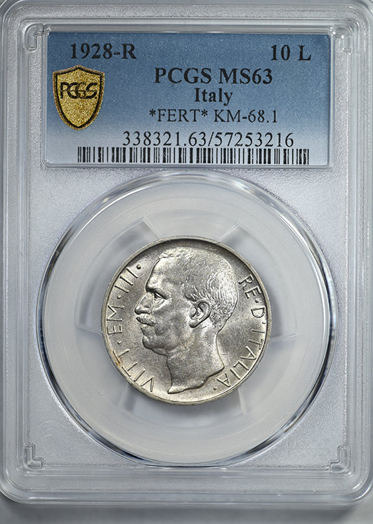1928-R Italy 10L Lire PCGS MS63 *FERT* KM-68.1