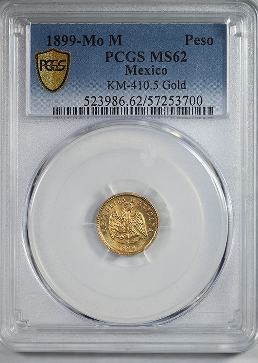 1899-Mo M Mexico Gold Peso PCGS MS62 KM-410.5
