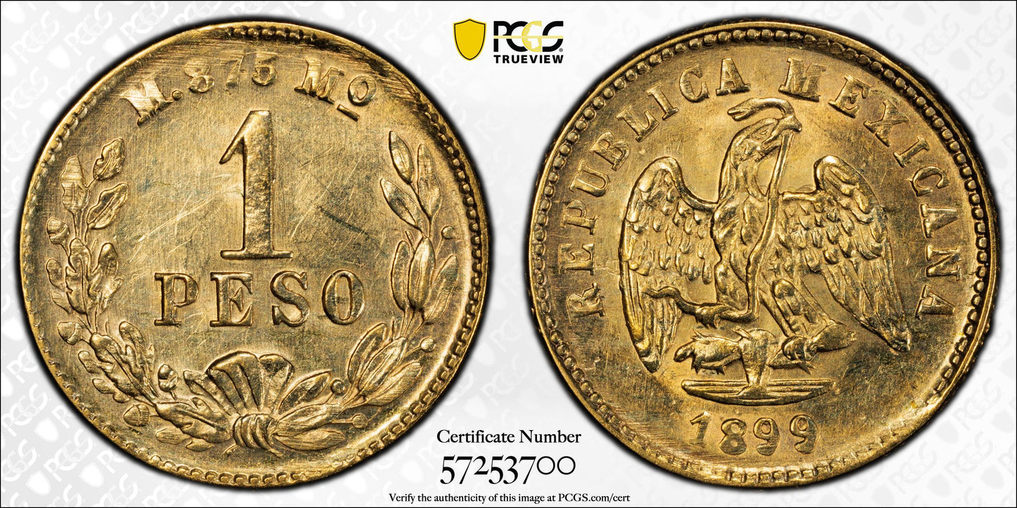 1899-Mo M Mexico Gold Peso PCGS MS62 KM-410.5