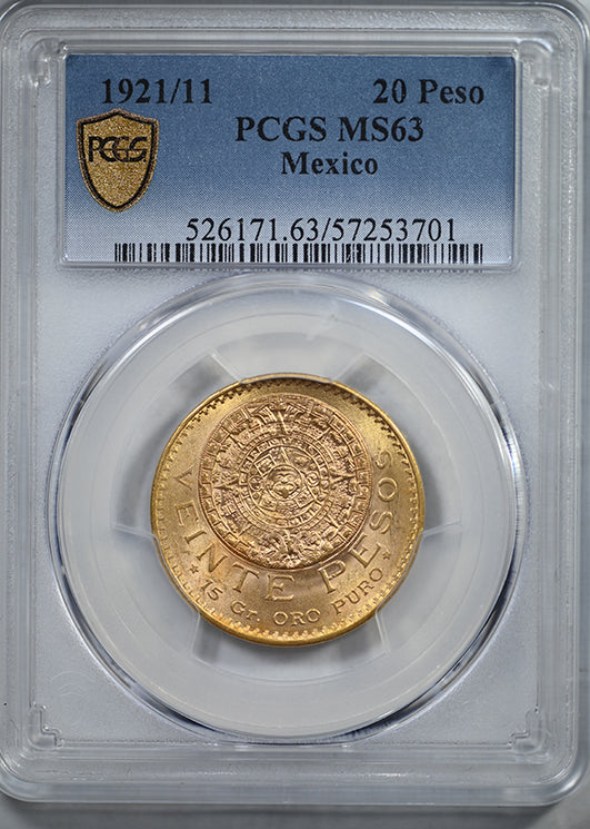 1921/11 Mexico Gold 20P Pesos PCGS MS63