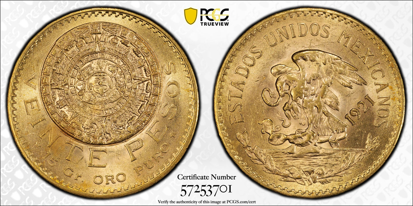 1921/11 Mexico Gold 20P Pesos PCGS MS63