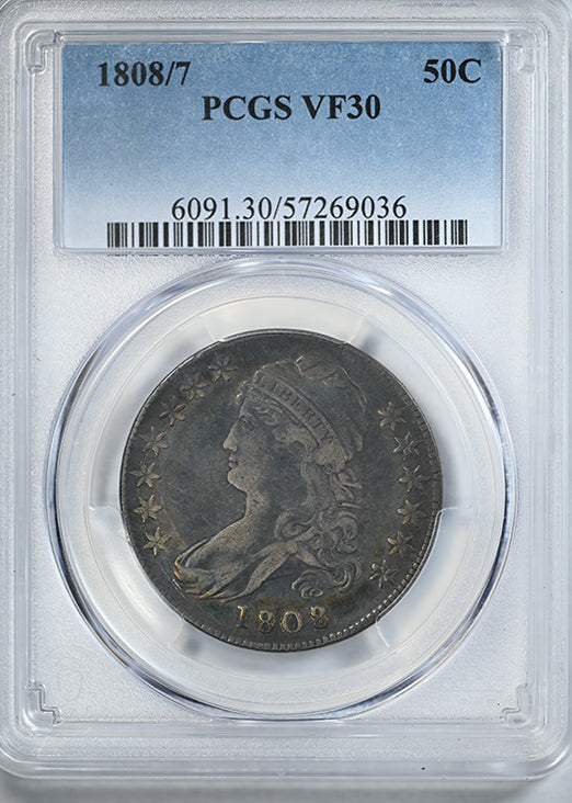 1808/7 Capped Bust Half Dollar 50C PCGS VF30 - TONED!