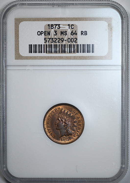 1873 Indian Head Cent 1C NGC MS64RB - Open 3 Obverse Slab