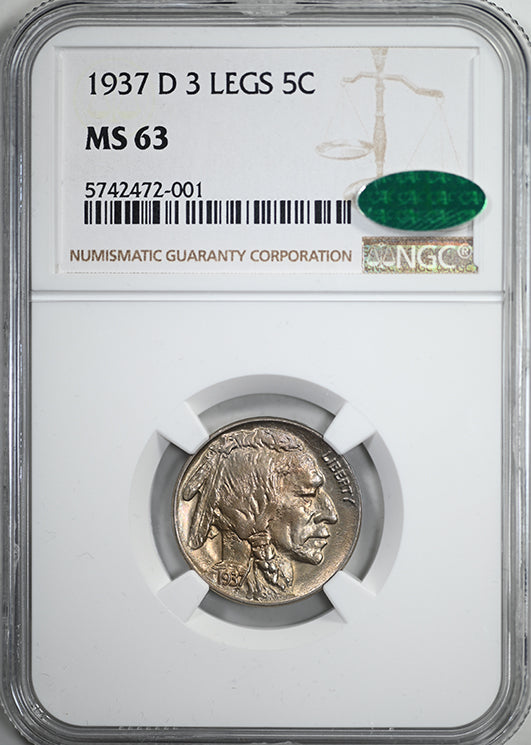 1937-D Buffalo Nickel 5C NGC MS63 CAC - 3 Legs