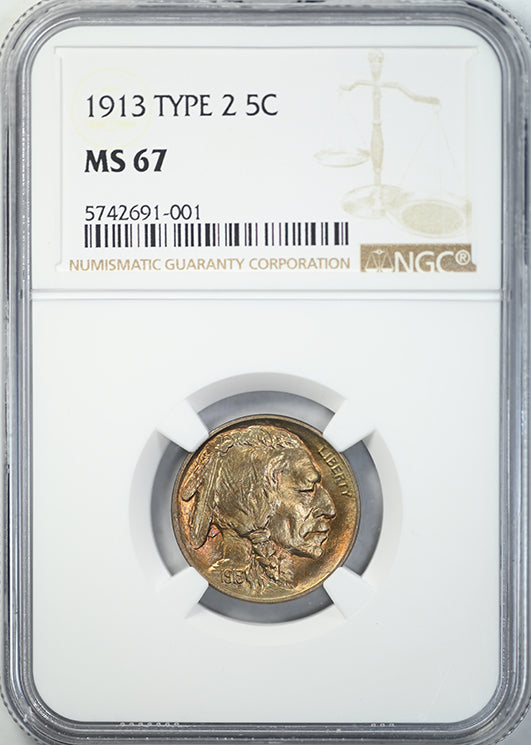 1913 Type 2 Buffalo Nickel 5C NGC MS67 - TONED!