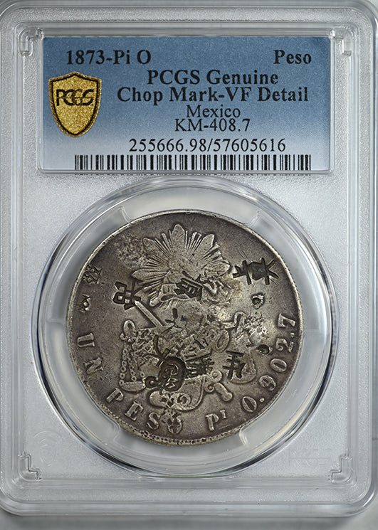 1873-Pi O Mexico Peso PCGS Chop Mark VF Detail KM-408.7 - Chopmarked
