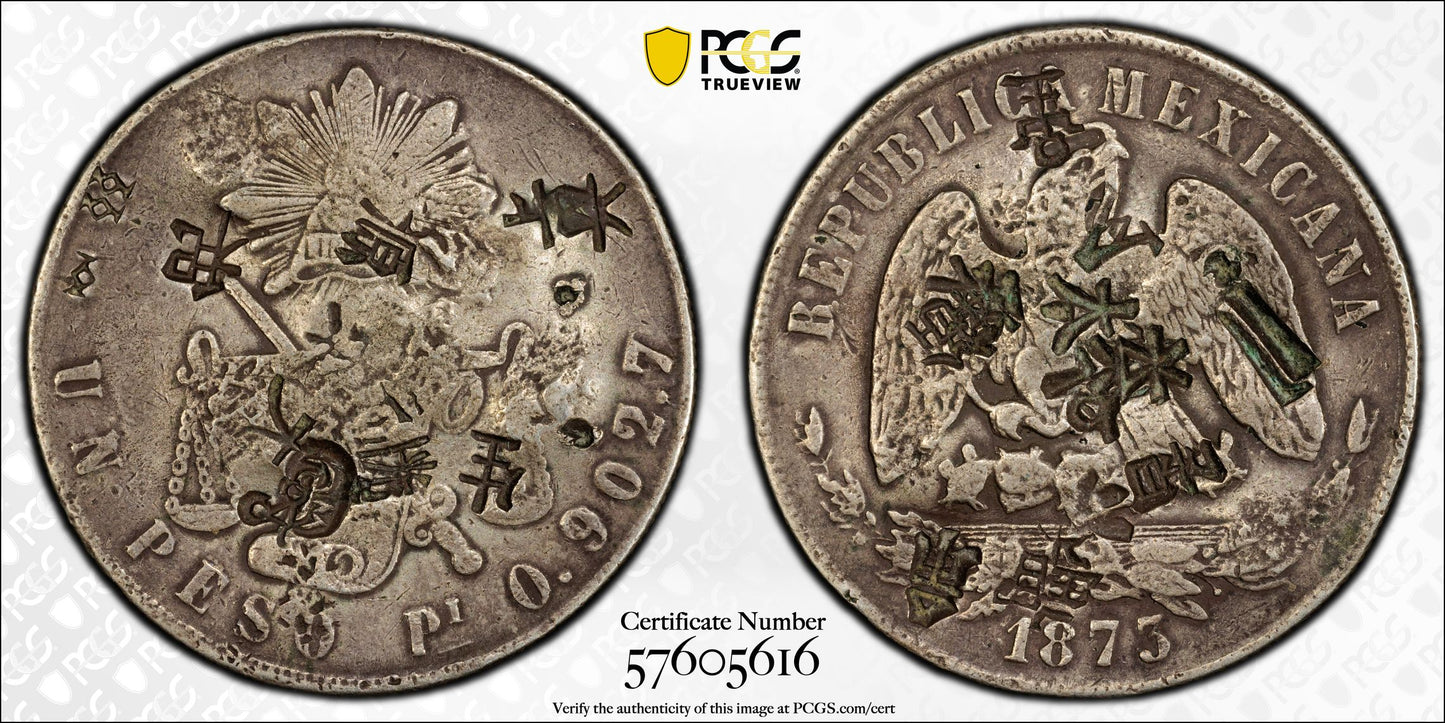 1873-Pi O Mexico Peso PCGS Chop Mark VF Detail KM-408.7 - Chopmarked