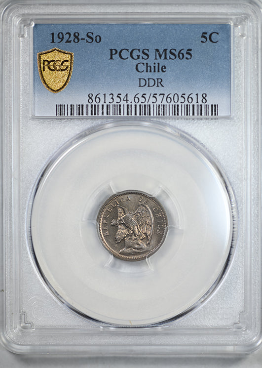 1928-So Doubled Die Reverse Chile 5C Centavos PCGS MS65 DDR