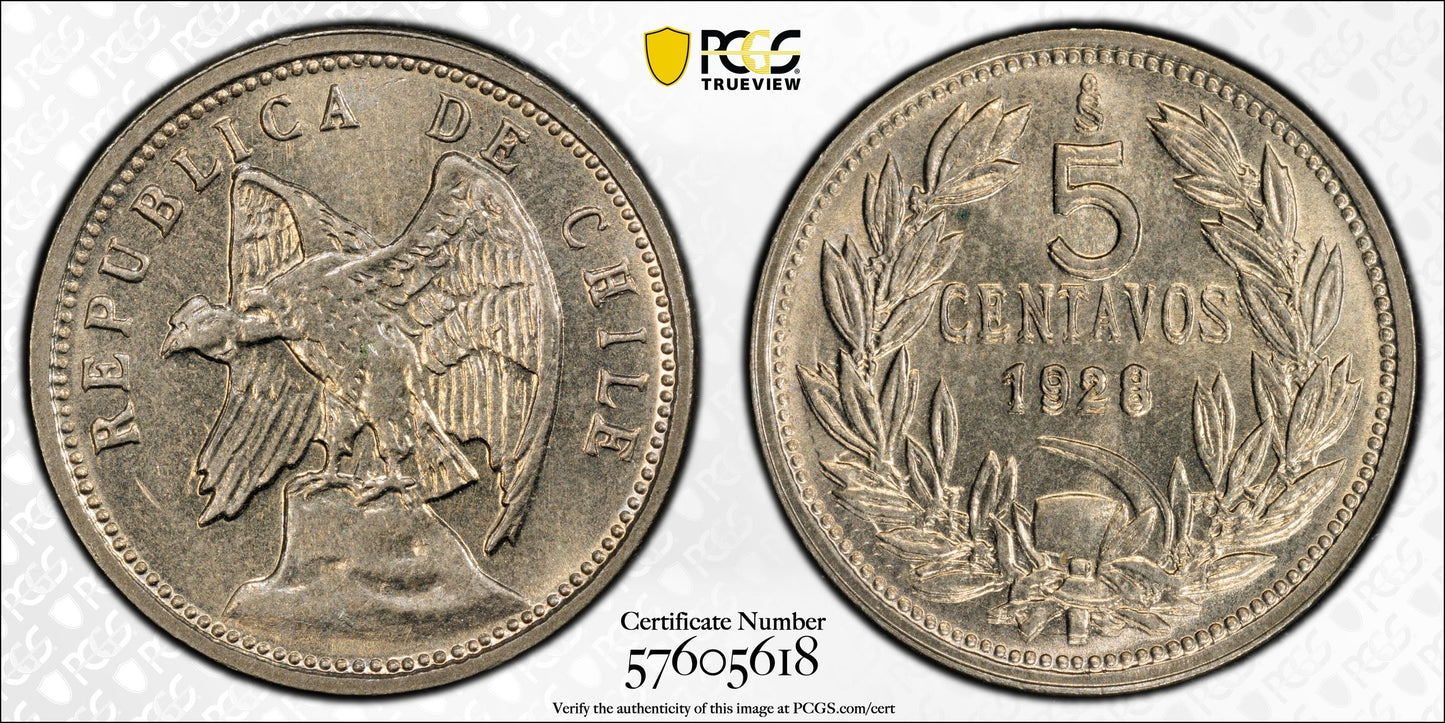 1928-So Doubled Die Reverse Chile 5C Centavos PCGS MS65 DDR