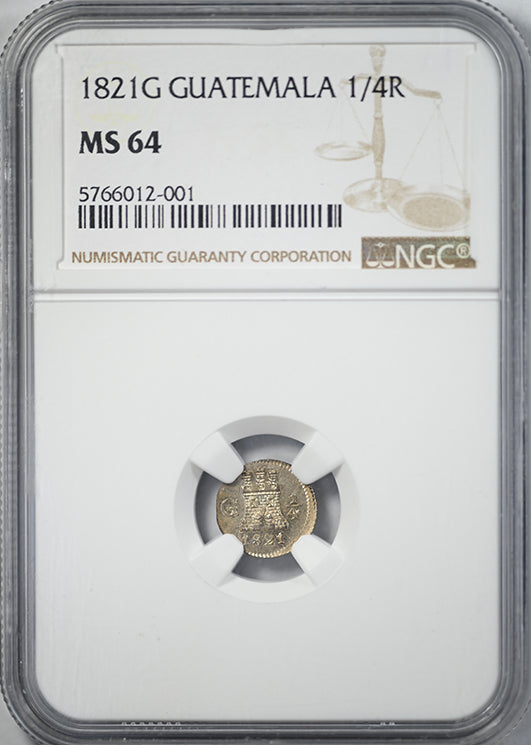 1821 G Guatemala 1/4R Real NGC MS64