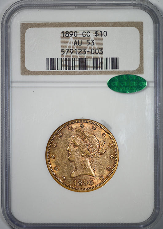 1890-CC Liberty Head Gold Eagle $10 NGC AU53 CAC Obverse Slab