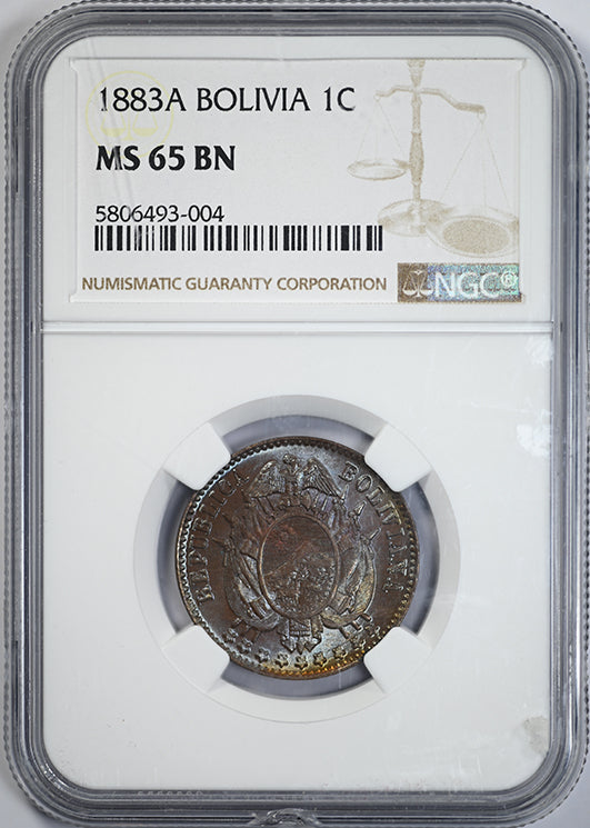 1883 A Bolivia 1C Centavo NGC MS65BN - TONED! Obverse Slab