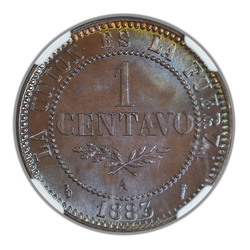 1883 A Bolivia 1C Centavo NGC MS65BN - TONED! Reverse