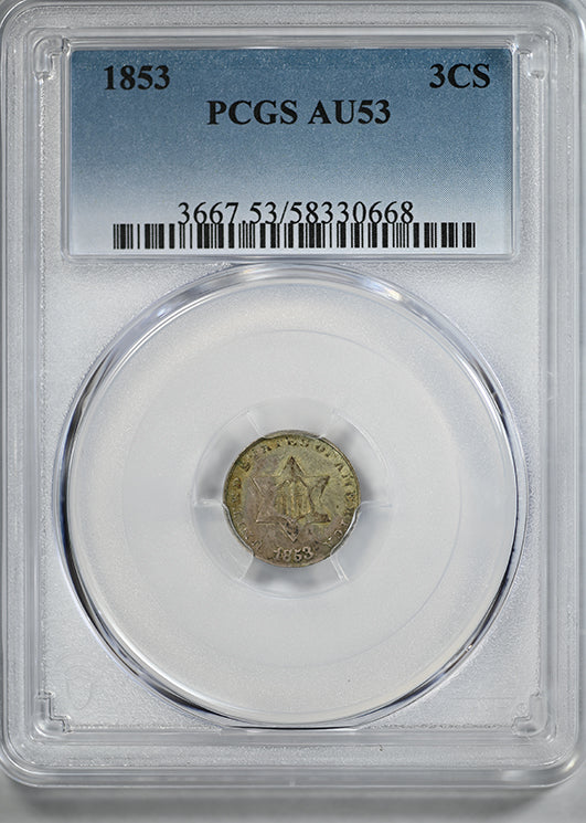 1853 Three Cent Silver Piece 3CS PCGS AU53
