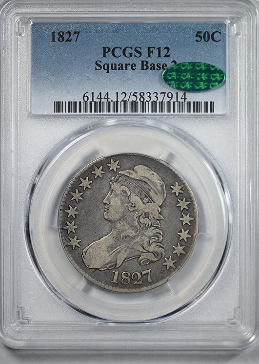 1827 Capped Bust Half Dollar 50C PCGS F12 CAC - Square Base 2