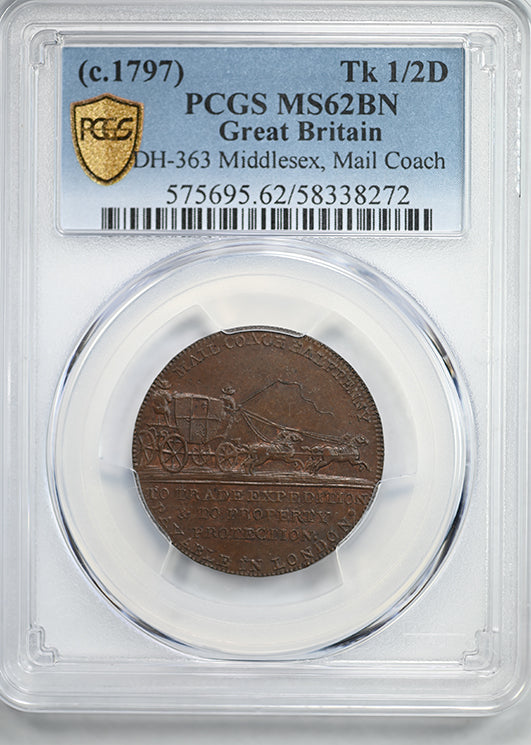 (c. 1797) Great Britain Tk 1/2D Half Penny PCGS MS62BN DH-363 Middlesex, Mail Coach