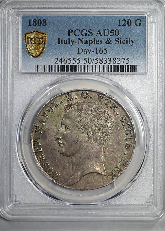 1808 Italy-Naples &amp; Sicily 120Gr Grana PCGS AU50 Dav-165