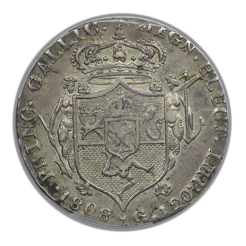 1808 Italy-Naples & Sicily 120Gr Grana PCGS AU50 Dav-165
