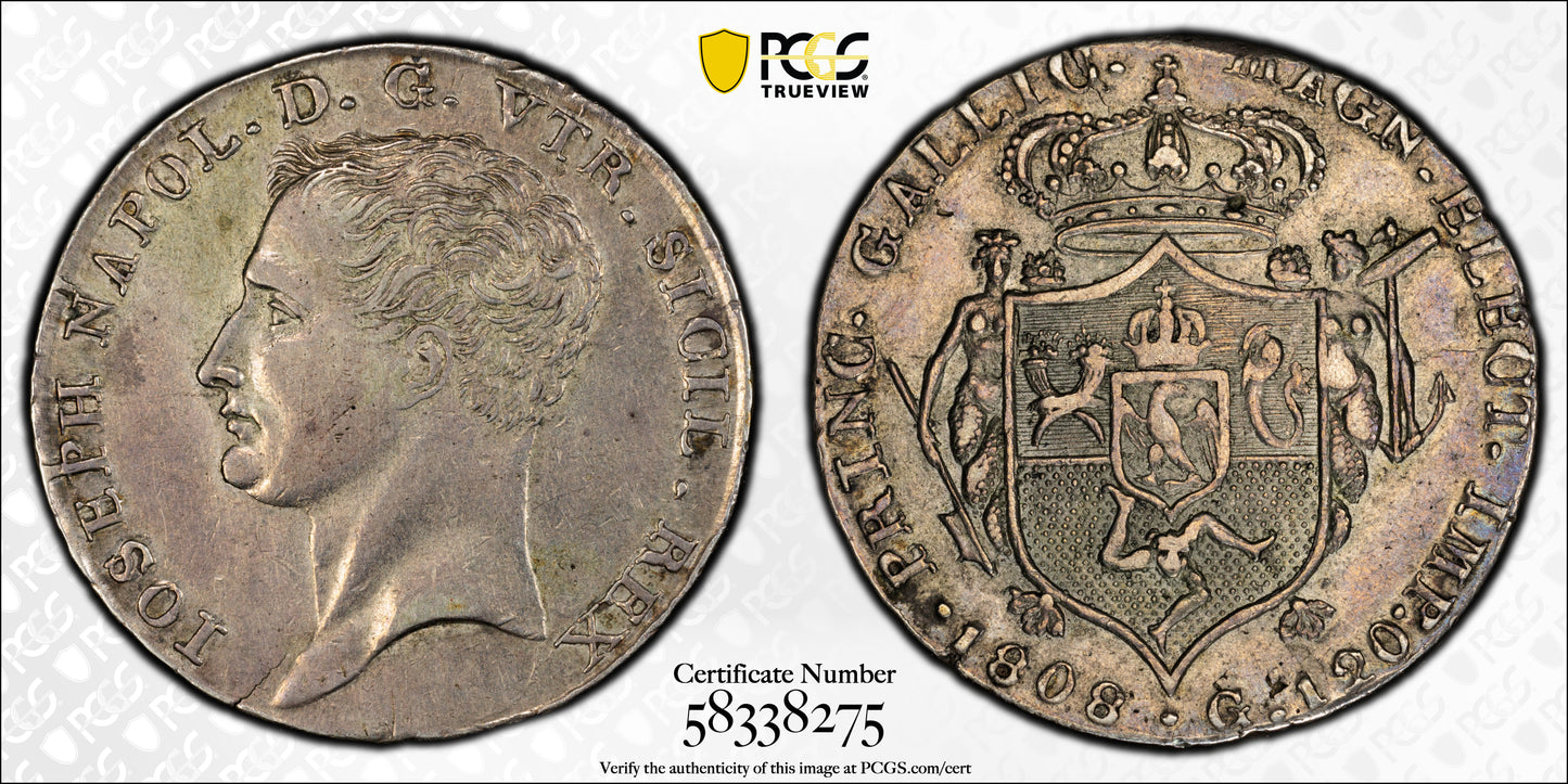 1808 Italy-Naples & Sicily 120Gr Grana PCGS AU50 Dav-165