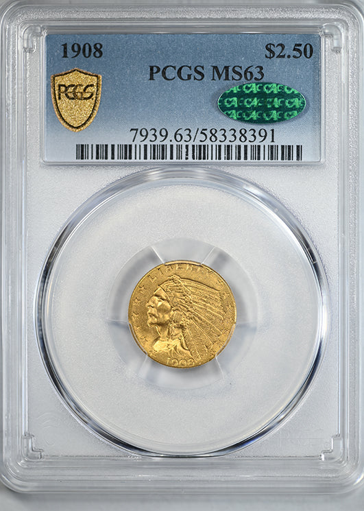 1908 Indian Head Gold Quarter Eagle $2.50 PCGS MS63 CAC