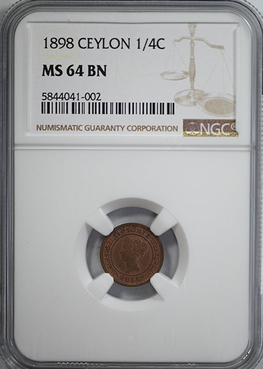 1898 Ceylon 1/4C Quarter Cent NGC MS64BN