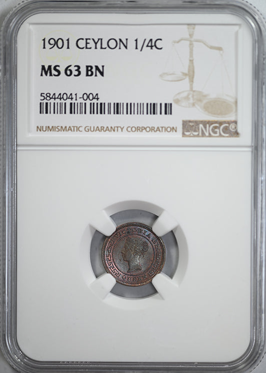 1901 Ceylon 1/4C Quarter Cent NGC MS63BN - TONED!