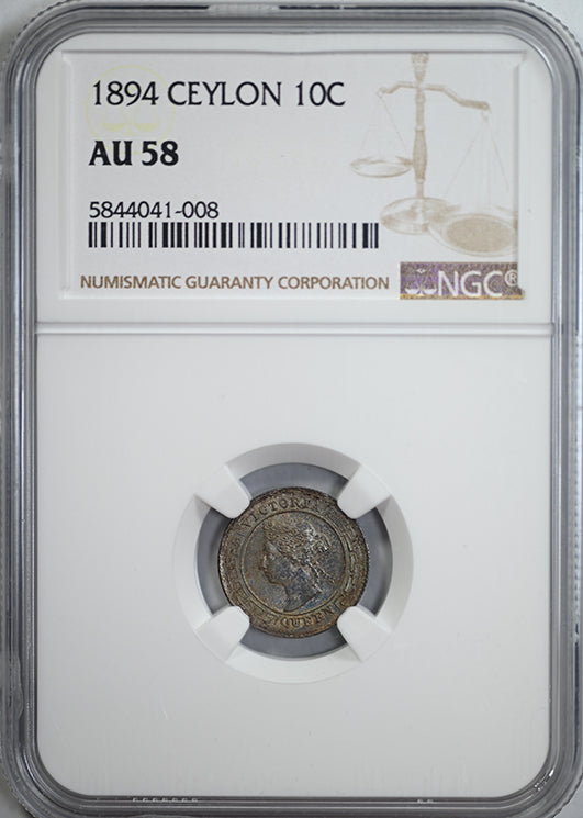 1894 Ceylon 10C Cents NGC AU58