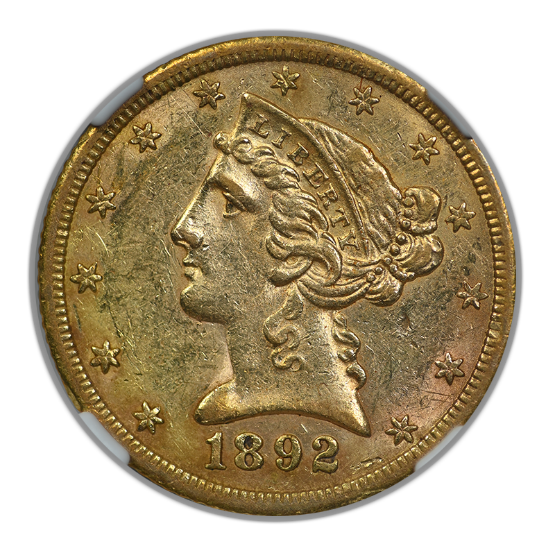 1892-CC Liberty Head Gold Half Eagle $5 NGC AU58 Obverse