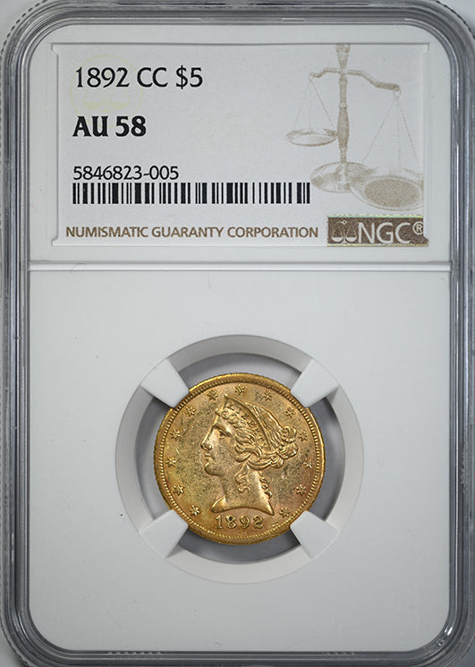 1892-CC Liberty Head Gold Half Eagle $5 NGC AU58 Obverse Slab